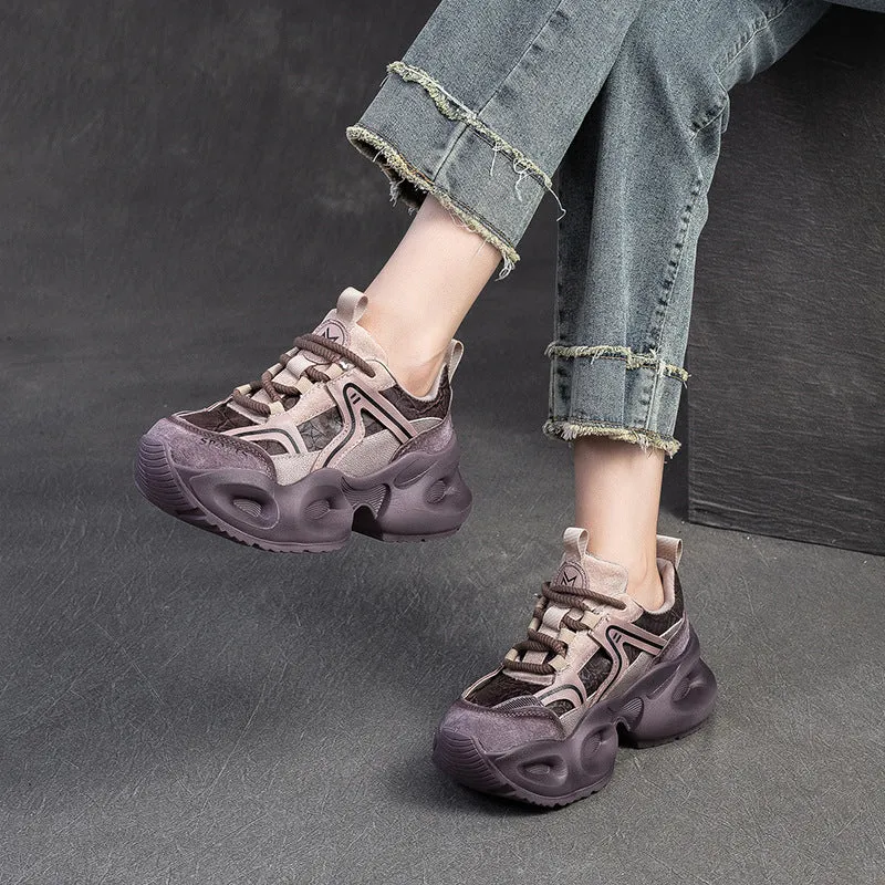 Women Casual Color Matching Leather Chunky Platform Sneakers