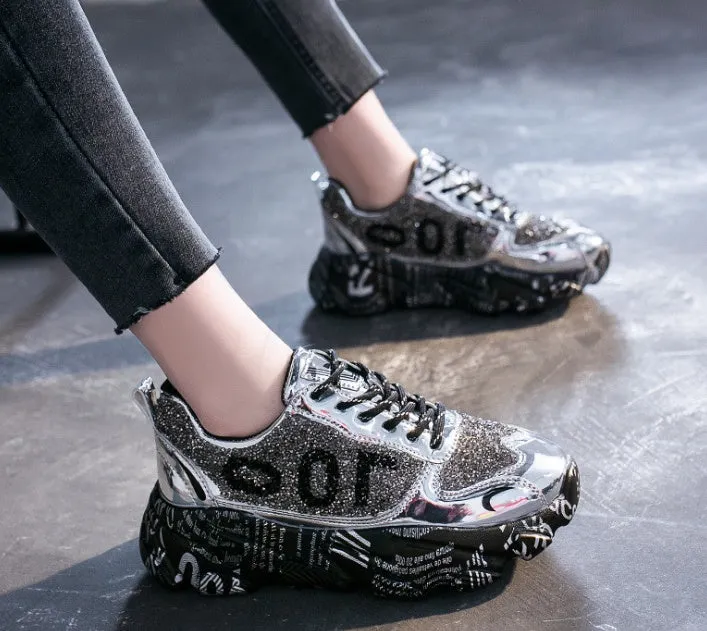Women Chunky Sneakers Platform Shining Fashion