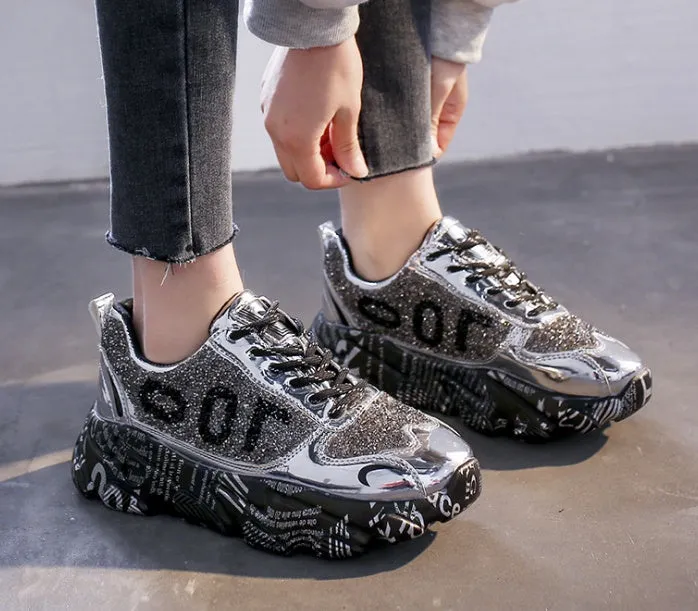 Women Chunky Sneakers Platform Shining Fashion